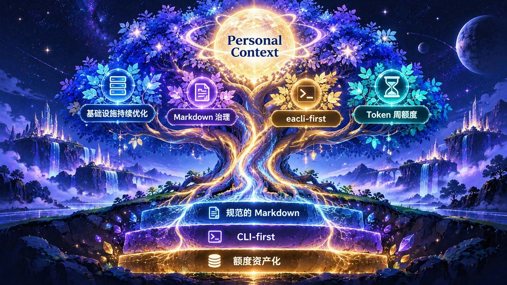 Personal Context 知识之树：根基是 Markdown、CLI 和额度资产化，枝叶承载基础设施优化、文档治理、eacli-first 与 Token 额度，树冠指向个人上下文。